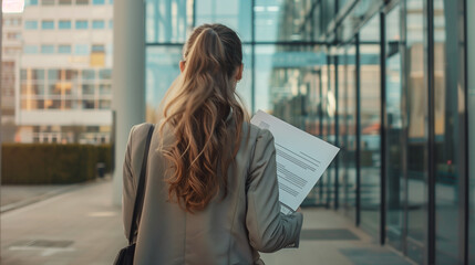 a woman from behind, clad in a beige blazer with long hair, walking towards a glass facade building while holding papers.  relevant for discussions on career development or corporate lifestyle.