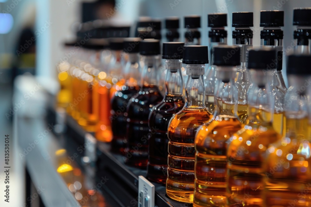 Fototapete a row of bottles of liquor displayed on a shelf. suitable for beverage or retail concepts