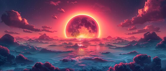 Fantasy landscape with red moon or planet and rough sea