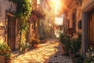 A 3d game style of a beautiful european street with warm sunlight, for background 