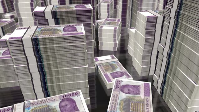 Central African CFA Franc money Cameroon Chad Congo Gabon notes packs loop. 3D flight over 10000 XAF banknotes stacks towers. Loopable seamless abstract background concept of business and economy.