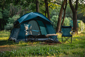 Camping outdoors with lots of sunlight. tent, camping chairs, a camping tent BBQ rack, and more.
