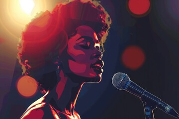 A woman performing with a microphone at a concert. Suitable for music event promotions