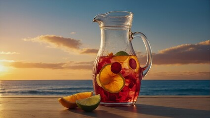 Pitcher filled with sangria on a rustic wooden table on the beach, AI-generated.