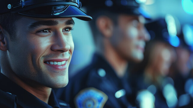 Handsome police officers standing in the middle of a committee meeting with happy expression. Generative AI.