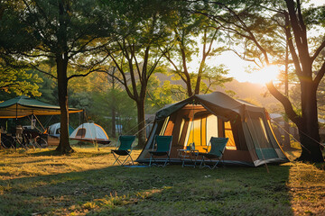 Camping outdoors with lots of sunlight. tent, camping chairs, a camping tent BBQ rack, and more.