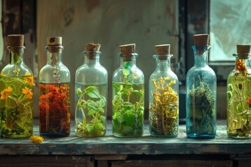 A row of bottles filled with various plants. Ideal for botanical themes