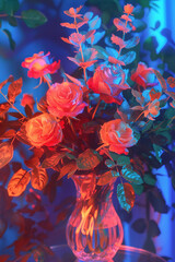 A glass vase of red roses with colorful leave