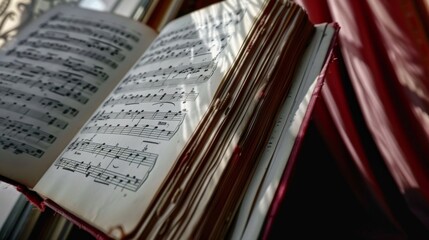 Old book opened to music sheets in front of window