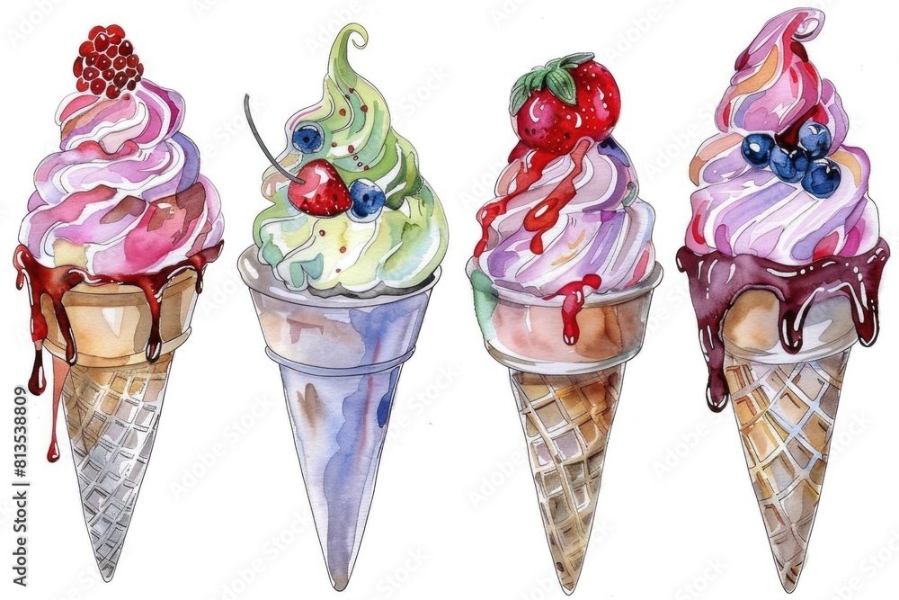 Canvas Prints A group of ice cream cones with delicious toppings. Perfect for dessert menus or summer promotions