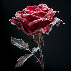 A single red rose, covered with ice crystals, against a black background, evokes a feeling of beauty, coolness, yet strength.
