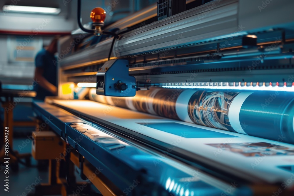 Poster A man working on a large print machine, suitable for print industry concepts