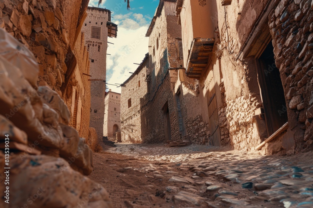 Poster a narrow cobblestone street with a clock tower in the background. perfect for historical cityscape c