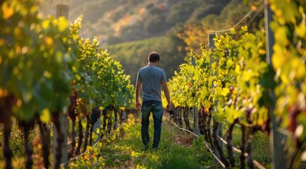 Male in a vineyard, with rows of grapevines. Picking grapes.