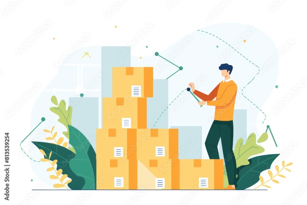 Aufkleber a man standing in front of a pile of boxes, suitable for business concepts
