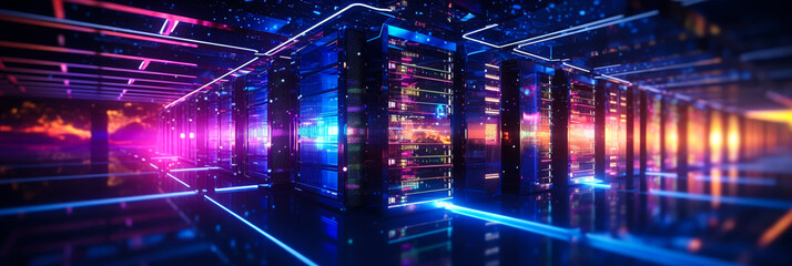 Data Center Servers, Networking Hardware in High-Tech Facility - Blinking Lights, Racks, Cables