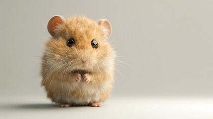 Cute brown and white plush toy hamster standing on hind legs, looking curious, ideal for pet care themes. 