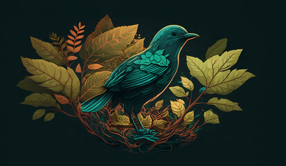 Blue bird nesting among vibrant autumn foliage