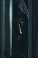 A man wearing a hoodie gazes out of a window. Suitable for urban lifestyle concepts