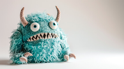 Colorful furry monster toy with big eyes on a plain background, ideal for children’s imagination and playtime.