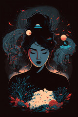 Oriental vibes illustration of woman in nature