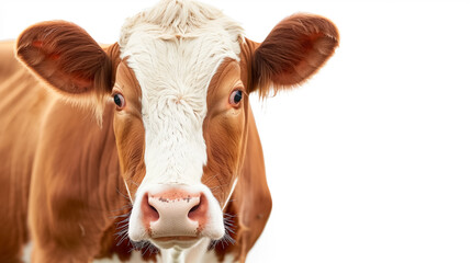 Brown and white cow looking at camera against white background, farm animal portrait.
