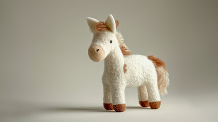 Plush toy horse on a plain background, ideal for children’s toy advertising or nursery decor. 