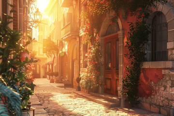 Fototapeta na wymiar A 3d game style of a beautiful european street with warm sunlight, for background 