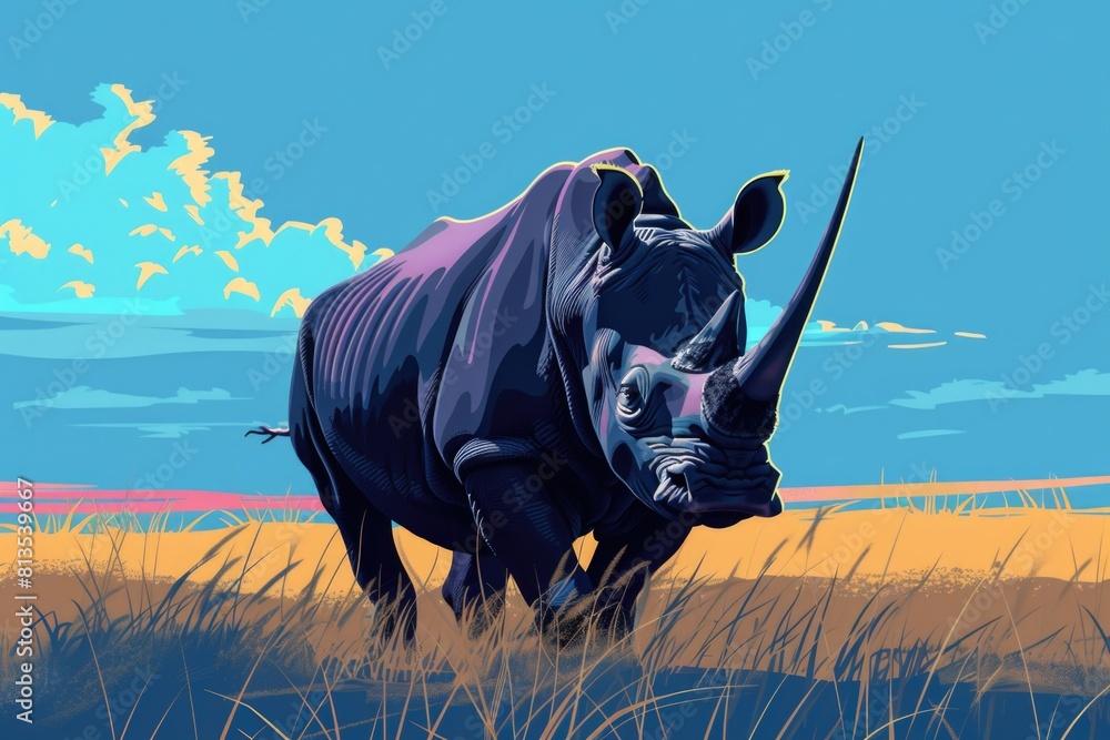 Poster realistic painting of a rhino in a field. suitable for wildlife enthusiasts