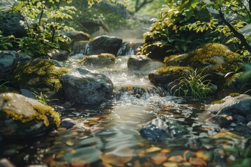 tranquil forest stream babbling over rocks, landscape