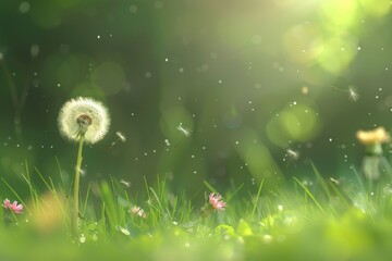 A dandelion standing out in a field of green grass. Suitable for nature and outdoor concepts