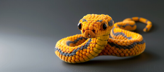 Vibrant yellow and orange plush toy snake on a dark background, detailed texture visible. 