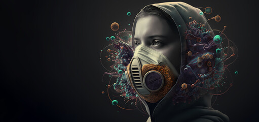 Woman wearing gas mask and hood for protection from viruses.