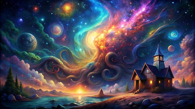 Haunting Illustration of 'The Colour Out of Space' by H.P. Lovecraft - Cosmic Horror Artwork Stock Photo