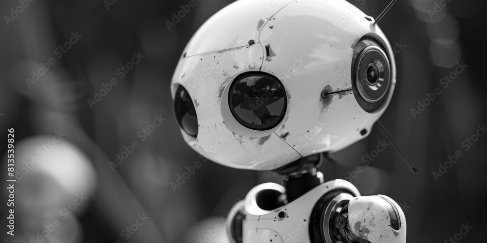 Poster close up shot of a toy robot against a black and white backdrop. ideal for technology or science fic