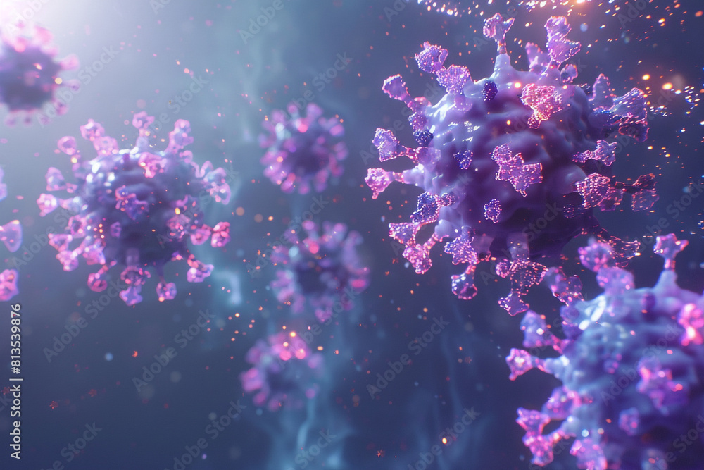 Poster 3d render of a medical with virus cells bacteria multiple realistic coronavirus particles floating
