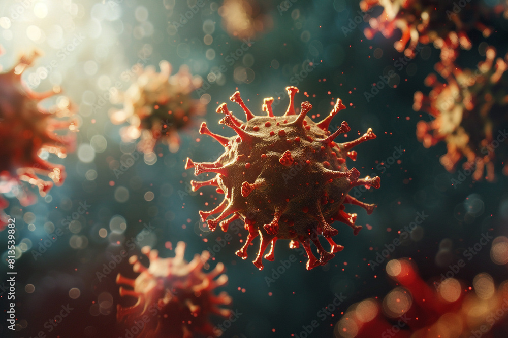 Poster 3d render of a medical with virus cells bacteria multiple realistic coronavirus particles floating
