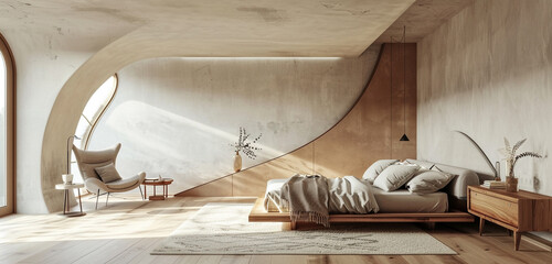 Modern Scandinavian loft bedroom with a dynamic architectural feature, minimalist furniture, and a soft, inviting rug.