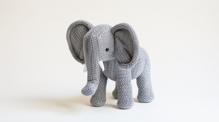 Handcrafted grey knitted elephant toy on white background, perfect for children’s room decor and soft play. 