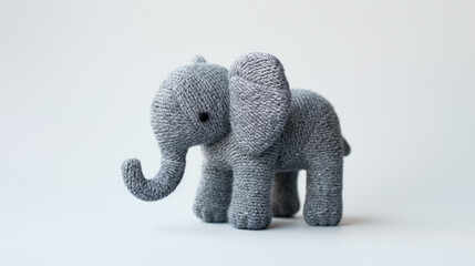 Handcrafted grey knitted elephant toy on white background, perfect for children’s room decor and soft play. 