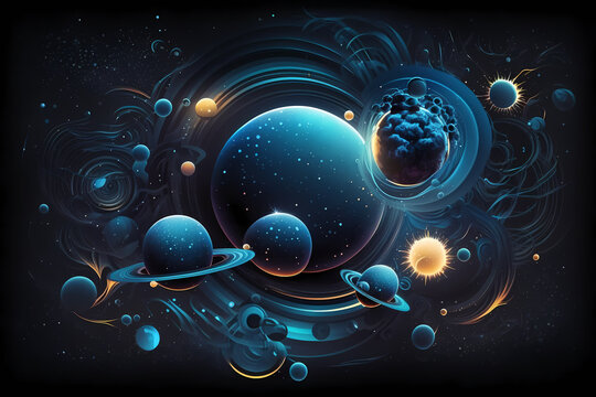 A collection of planets suspended in an abyssal space.