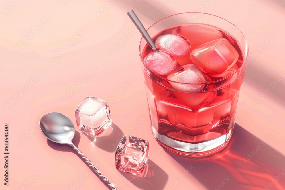Poster a glass filled with ice cubes next to a spoon. suitable for food and beverage concepts