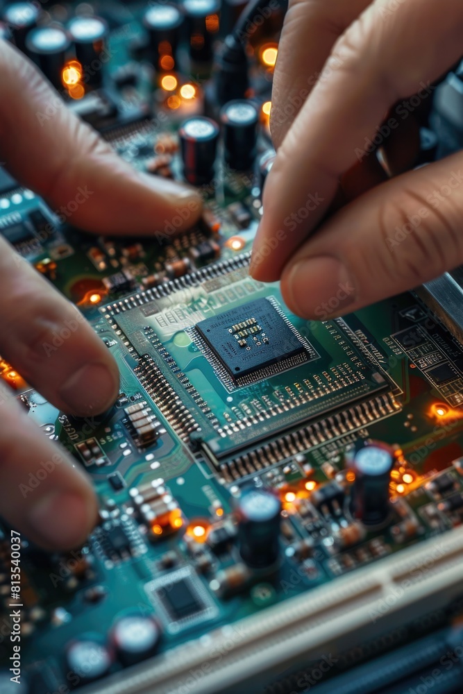 Fototapete Close up of a person working on a circuit board. Suitable for technology and engineering concepts