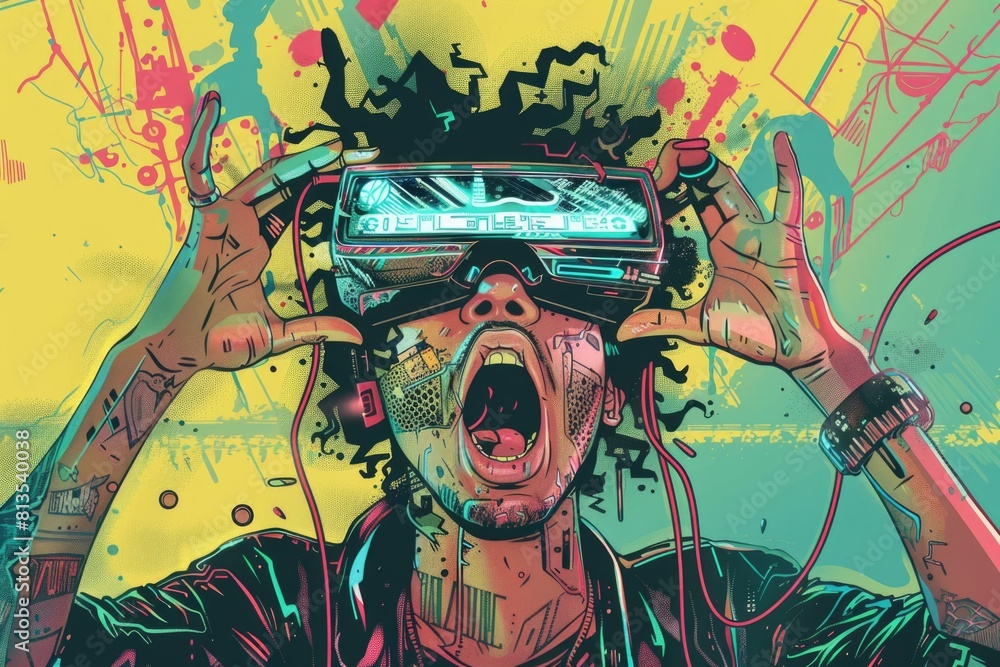 Poster A man wearing a virtual reality headset with music notes floating out of it. Perfect for technology and entertainment concepts