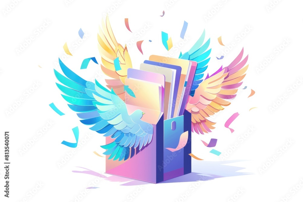 Poster a unique book with wings and a ribbon on a plain white background. suitable for various design proje