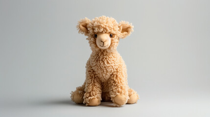 Fototapeta premium Plush alpaca toy sitting against a neutral background, soft texture visible, ideal for children’s toy or nursery decor. 