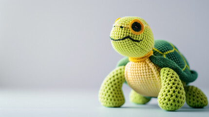 Handcrafted crochet turtle toy with vibrant colors on a plain background, showcasing intricate stitch details and craftsmanship.