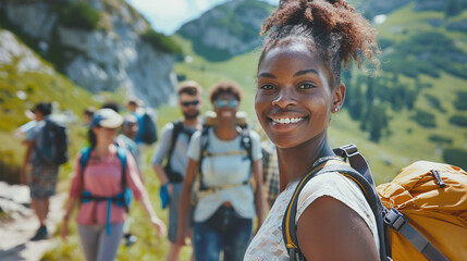 Young African American teenager hiking in the mountains
