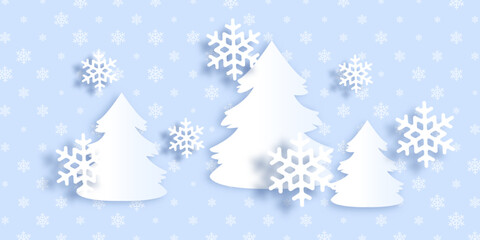 Winter background with paper trees and snowflakes. Vector paper background