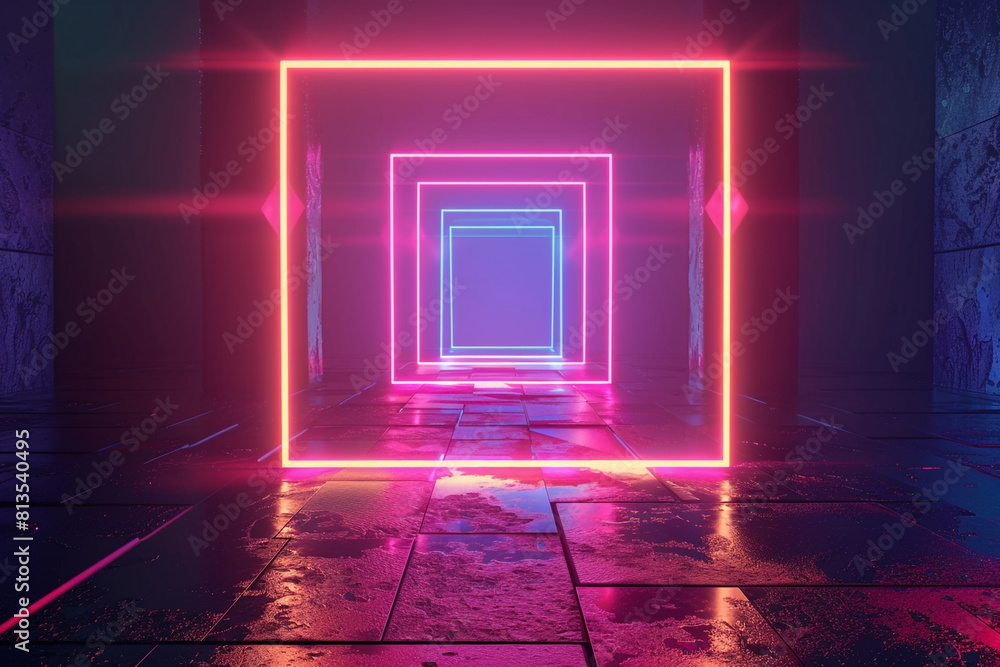 Poster 3d render, abstract geometric background with neon square frame glowing with gradient light in the d